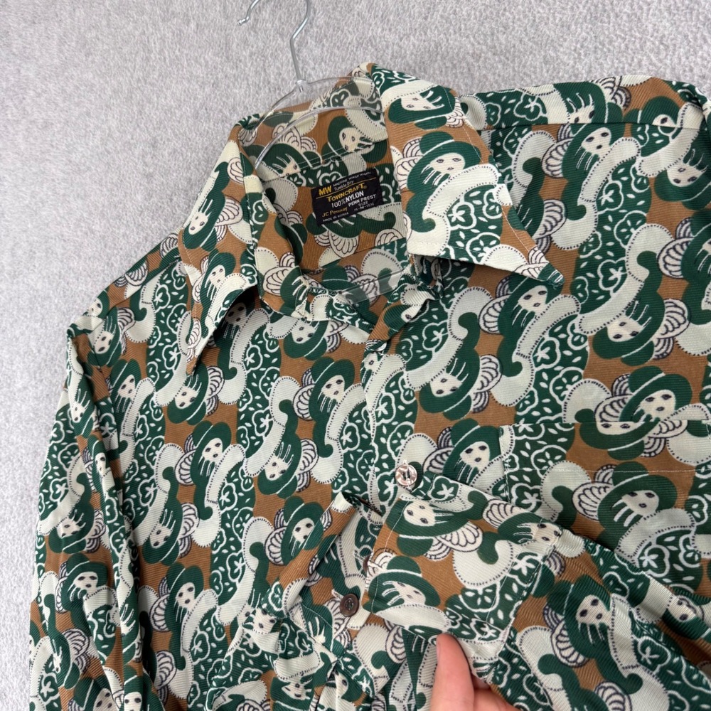Towncraft Button Down Shirt Mens M Novelty Green Brown Vintage 70s Nylon Disco